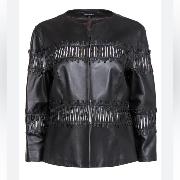 lafayette 148 woven insert crew neck brown leather jacket - Picture 2 of 12